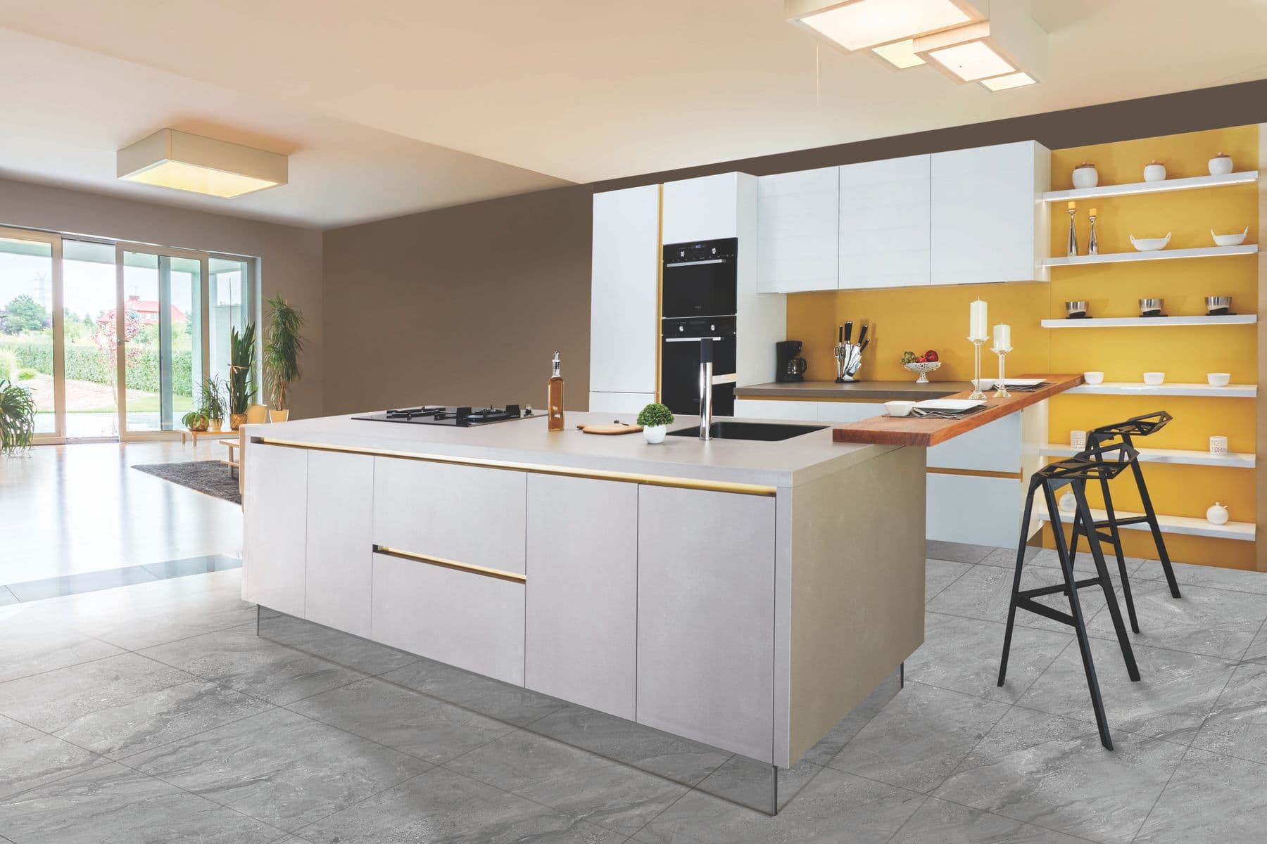 Contemporary kitchen with a long island, open shelves, and garden light beyond