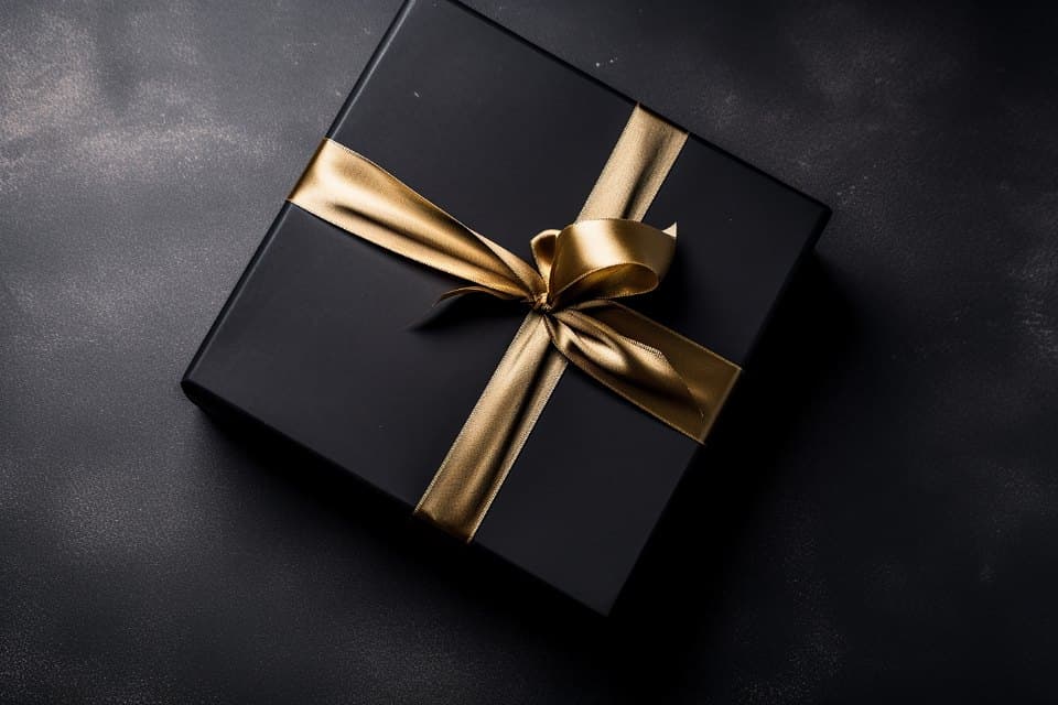 Black gift box tied with a gold satin ribbon