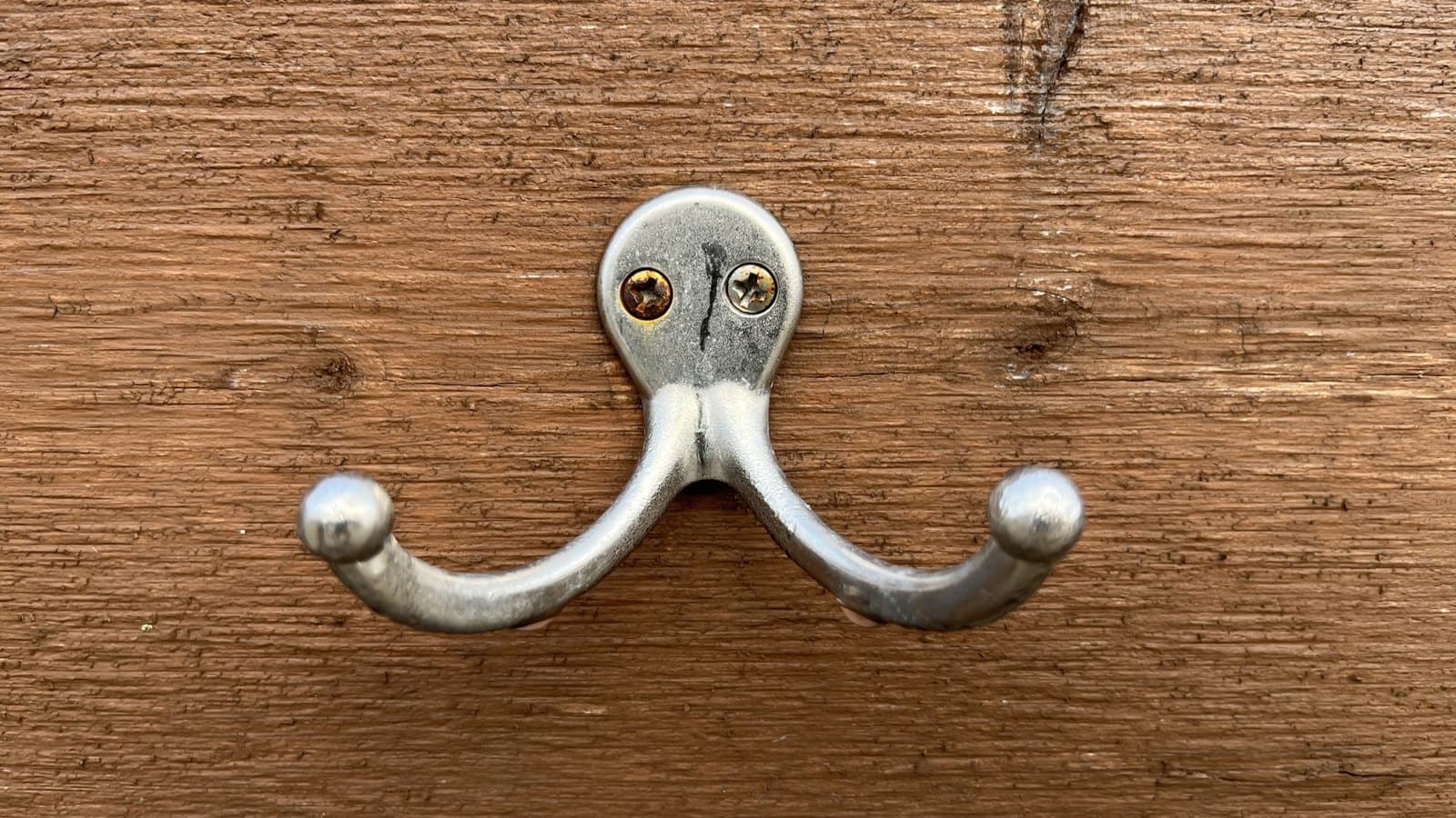 Chrome double wall hook mounted on wood with two screw fasteners