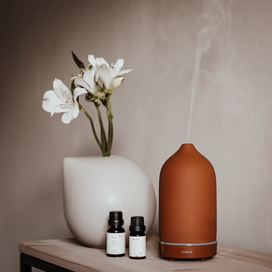 Terracotta ceramic ultrasonic diffuser misting beside a white vase of flowers