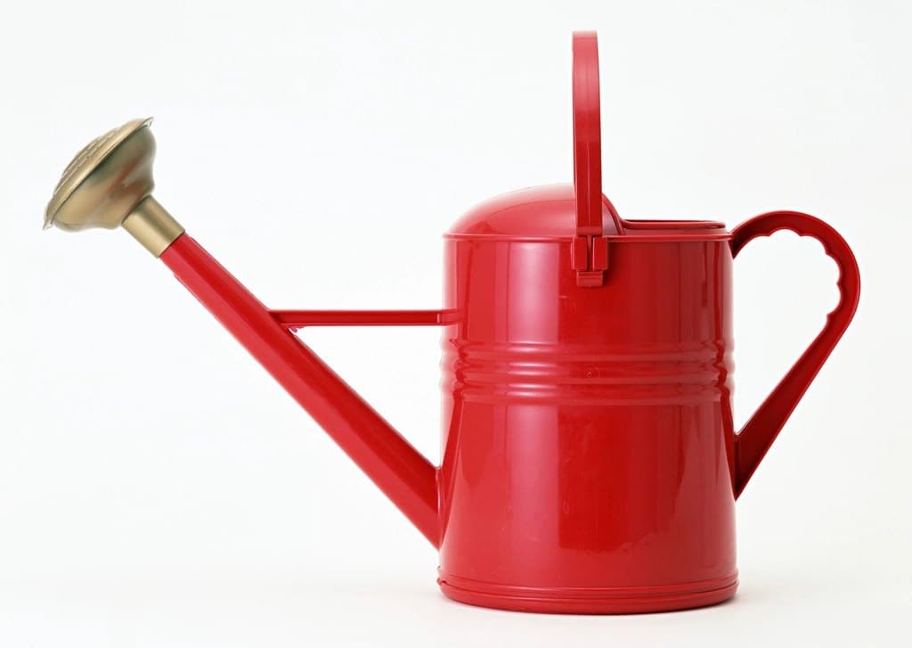 Bright red metal watering can with a long spout and brass rose