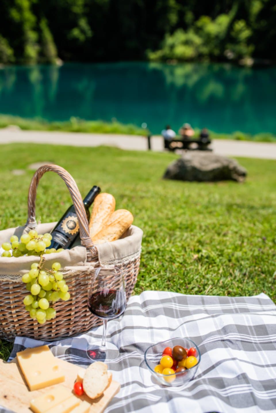 Grey and white checkered picnic cloth on grass with cheese, bread, and a wicker basket