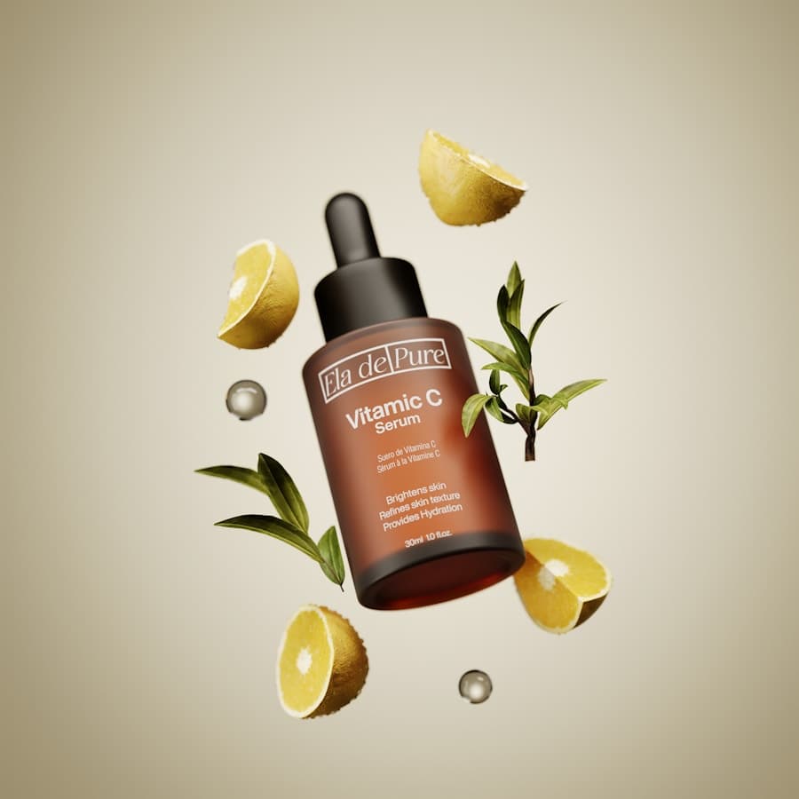 Amber dropper bottle of vitamin C serum with citrus and tea leaves